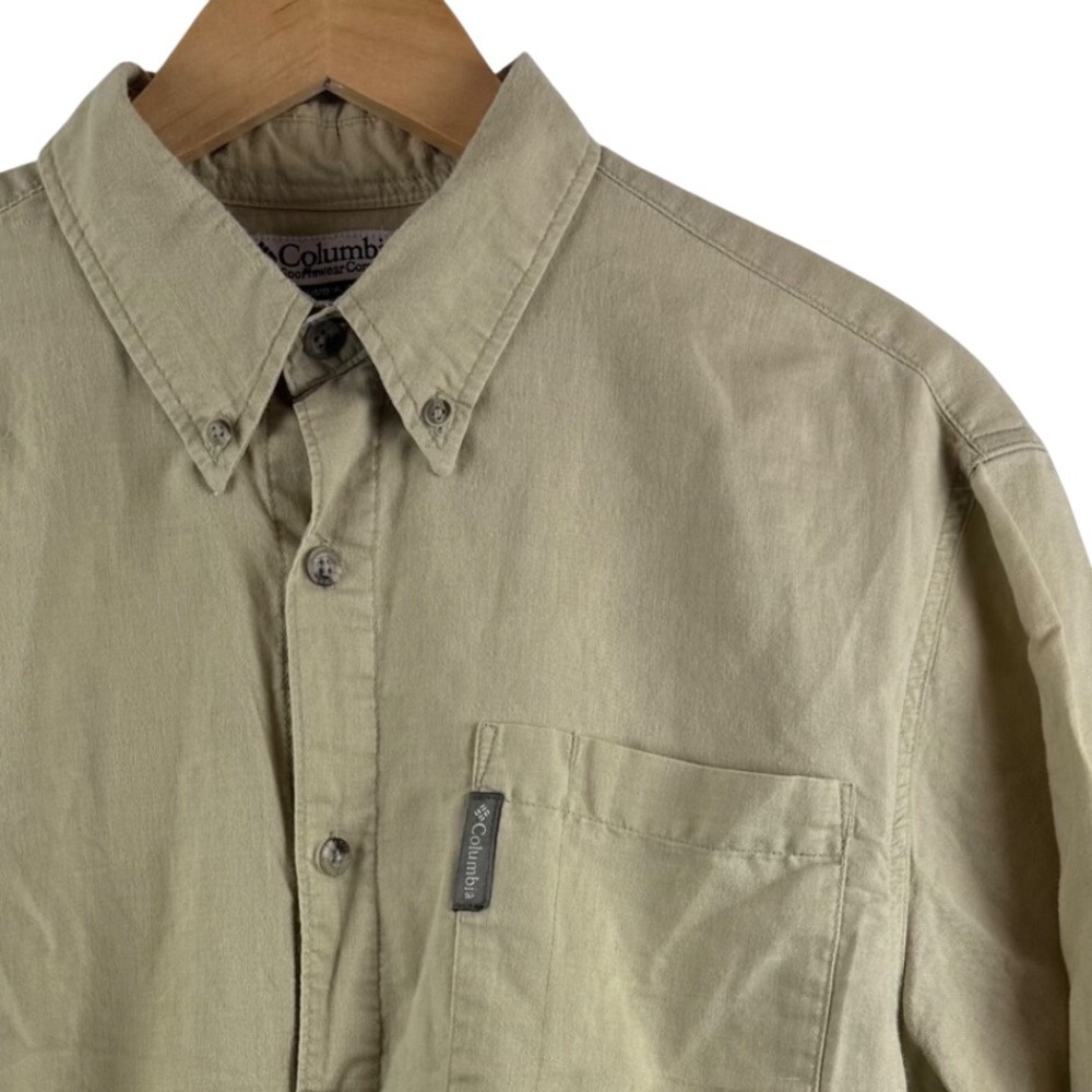 Columbia Button Down Shirt Mens L Khaki Tan Ramie Cotton Short‎ Sleeve AM7643